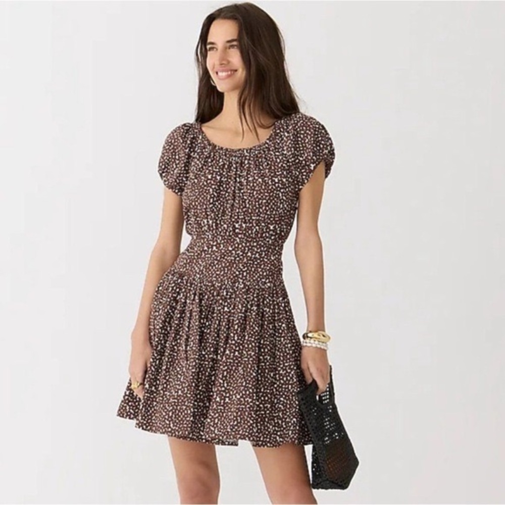 J. Crew Brown Smocked Puff Sleeve Floral Mini Dress